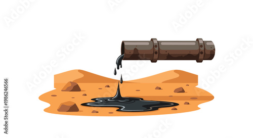 Viscous black crude oil drips steadily from a weathered industrial pipe onto the dry sandy ground of a barren desert landscape under bright light.