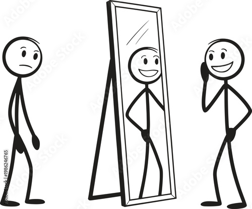A sad stick figure looking into a mirror seeing a happy reflection.
