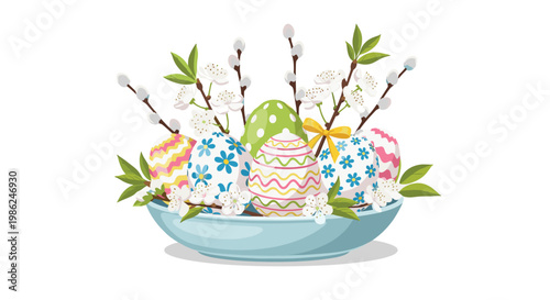 A decorative light blue ceramic bowl holds vibrant patterned Easter eggs nestled among delicate white blossoms and fuzzy pussy willow branches on white space.