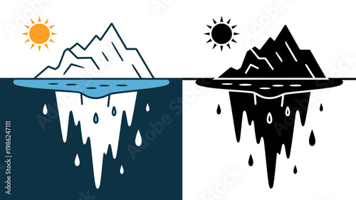 Two illustrations of an iceberg showing its submerged and visible parts under a bright sun.