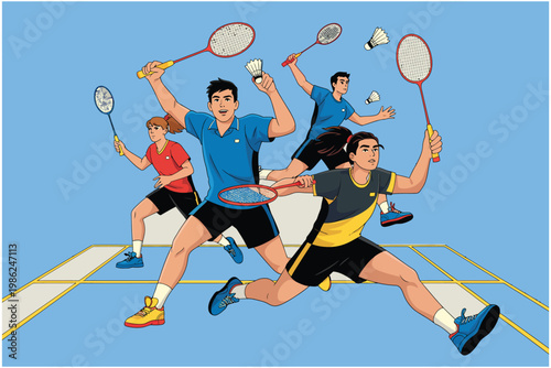 Athletic people playing badminton match on court with shuttlecocks and rackets in dynamic motion for sports competition tournament
