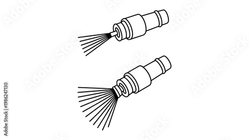 Two spray nozzles demonstrate different spray patterns, illustrating their functional characteristics.