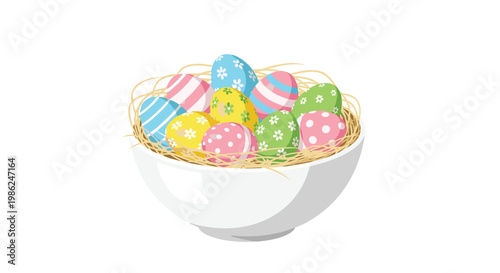 A pristine white porcelain bowl contains a rustic straw nest filled with many brightly decorated Easter eggs featuring various floral and geometric patterns.