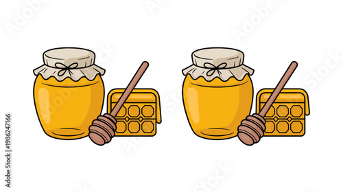 Two identical illustrations showcase jars of liquid gold honey alongside structured honeycomb blocks and dippers.