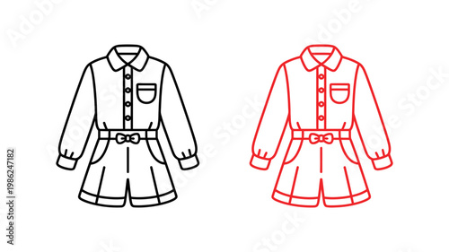 Two stylish children's clothing sets, featuring a collared shirt and shorts with a small belt, in outline and red.