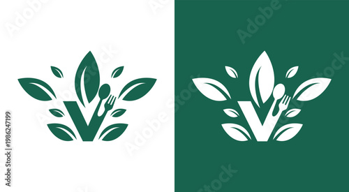 Vegan food logo design with leaves and cutlery.