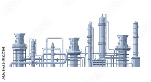 A massive industrial refinery complex showcases tall distillation columns and large cooling towers connected by an extensive network of grey pipes against white space.
