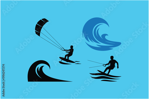 Kitesurfing and watersports vector set with silhouettes of surfers on waves and blue graphic elements on solid bright background