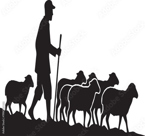 Pastoral Shepherd Herding Sheep Flock Silhouettes