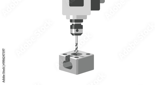 A precision industrial drill bit descends from a mechanical head to bore into a solid grey metal block against a clean white background with soft lighting.