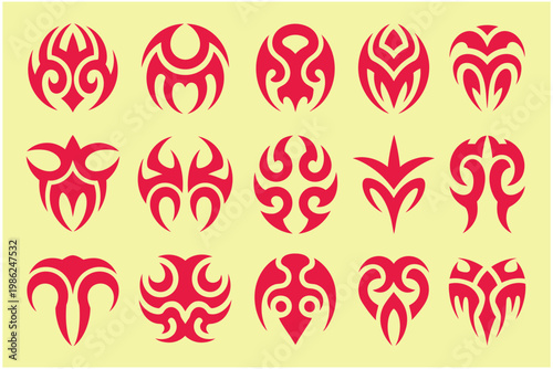 Red tribal tattoo ornaments set with abstract ethnic symbols and curved sharp patterns for decorative body art design elements