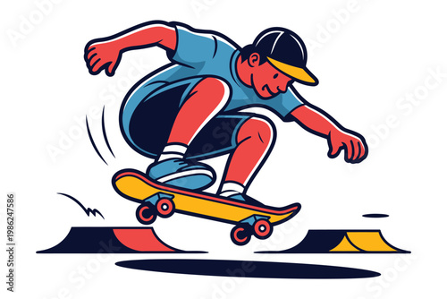 Skateboarder performing ollie trick over ramp in colorful cartoon style with bold outlines and dynamic composition at skate park