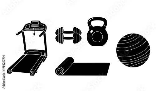 Essential fitness equipment vector set in black silhouettes for gym and home workout illustrations