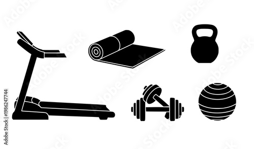 Minimalist black silhouette vector of fitness equipment for gym and wellness designs