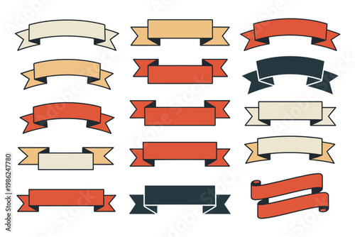 Vintage ribbon banner set in retro colors for text placement and graphic design decoration elements isolated on transparent grid