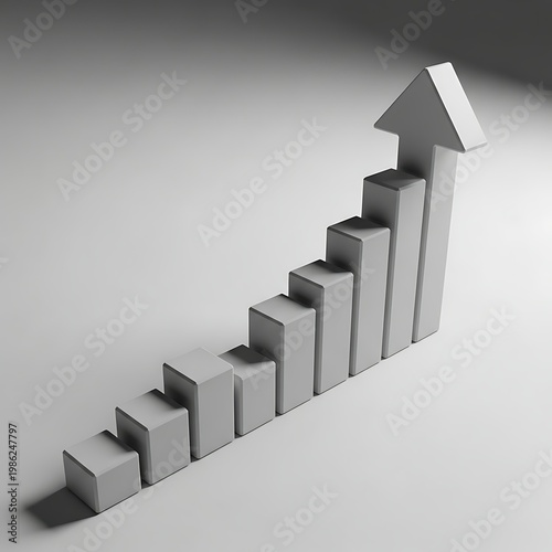 Financial growth bar chart with upward pointing arrow showing success on gray background 3d.