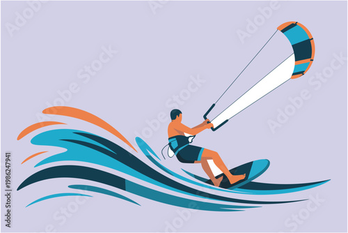 Young man kiteboarding on high blue waves with orange kite on purple background extreme outdoor summer adventure sports concept