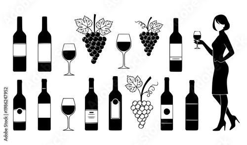 Wine set vector black white bottles glasses grapes woman illustration