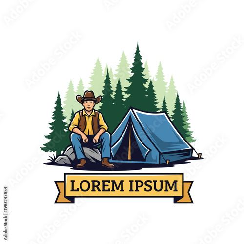 Cartoon cowboy sitting on a rock near a blue camping tent.