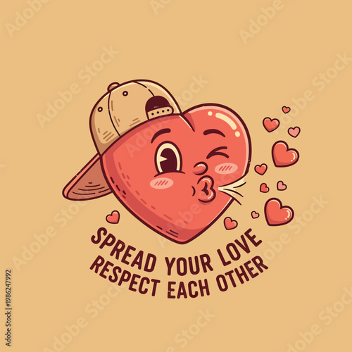Cartoon heart character wearing a backward baseball cap blowing kisses and hearts.