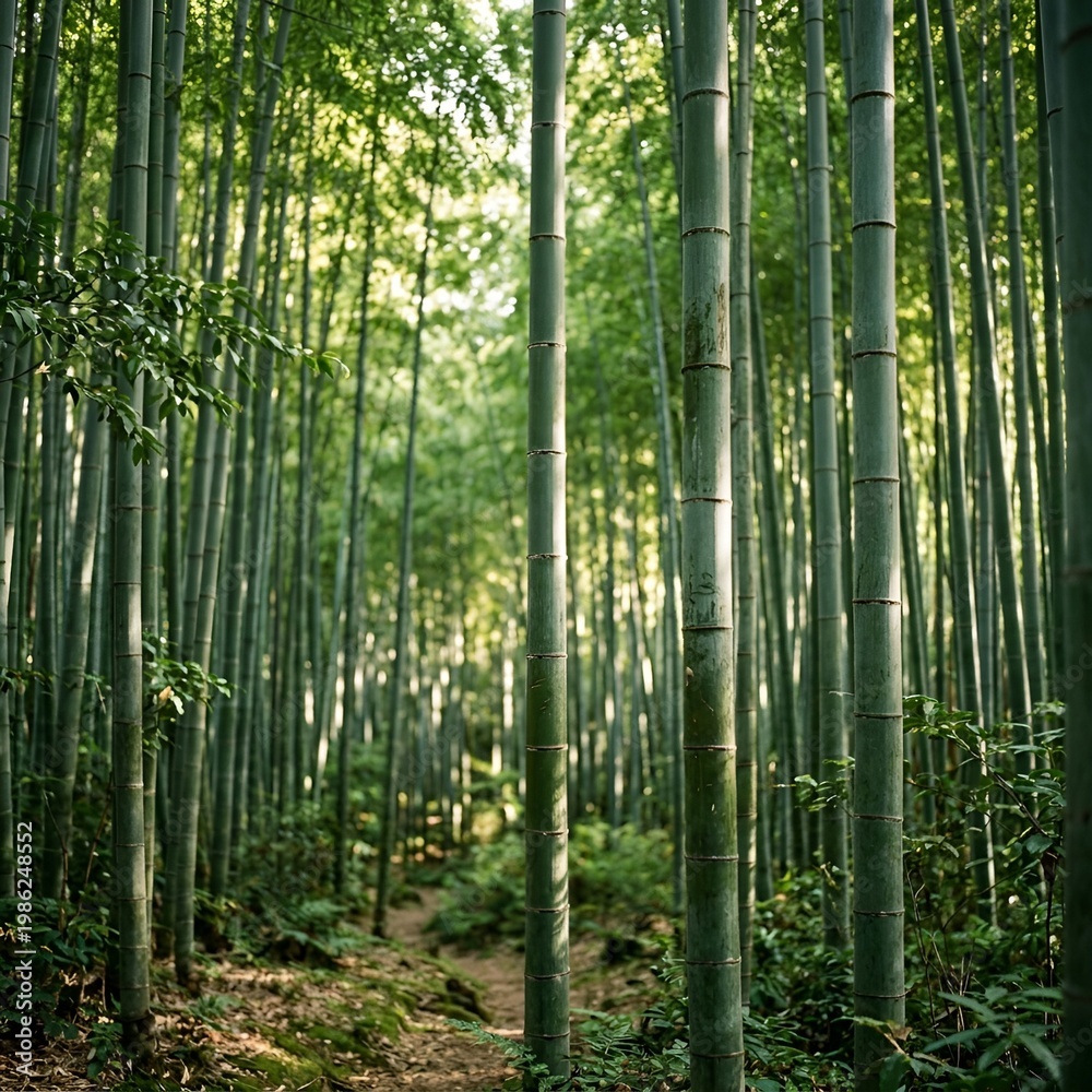 Fototapeta premium A serene and peaceful bamboo forest with tall green bamboo trees and a dirt .
