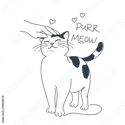Cute purring cat drawn in one line for print. Flat vector illustration isolated on white background.