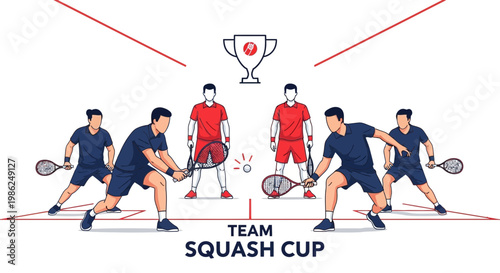 Squash Tournament: Team Competition Illustration, Cup and Athletic People Engaged