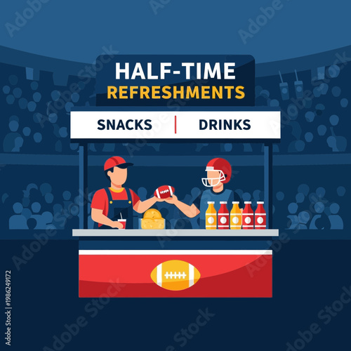Stadium Concession Stand Serving Football Fans Snacks And Cold Beverages During Halftime