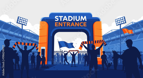 Stadium Entrance Depiction Featuring Spectators, Flags, and Illumination Elements for a Vector