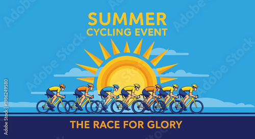 Summer Cycling Event Showcasing Energetic Cyclists Racing Under a Bright Sun Illustration
