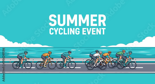 Summer Cycling Event With Cyclists Racing Along Coastal Road in Sunny Weather