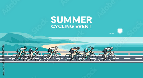 Summer Cycling Event With Cyclists Racing On A Seaside Road Is A Beautiful Sight