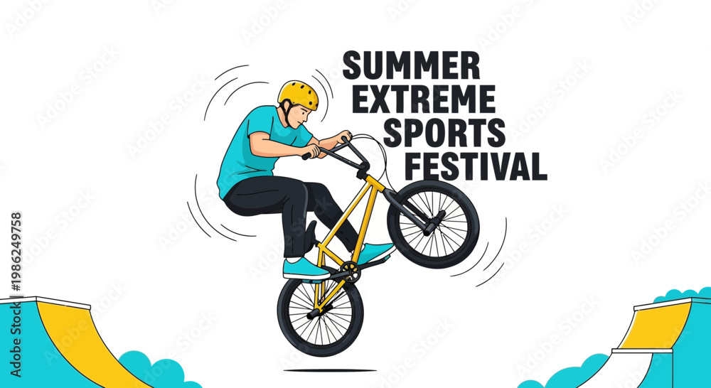 Fototapeta premium Summer Extreme Sports Festival Illustration: Bike Tricks and Adventure Time Graphic Design