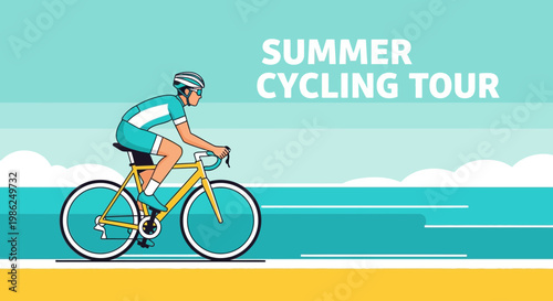 Summer Cycling Tour Illustration Depicting a Cyclist in Motion Across a Seaside Landscape