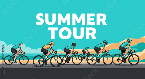 Summer Cycling Tour With Cyclists Riding Across Coastal Road Under Turquoise Sky