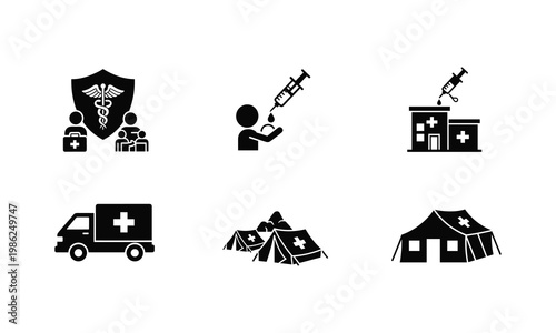 Essential icons representing humanitarian and medical aid services