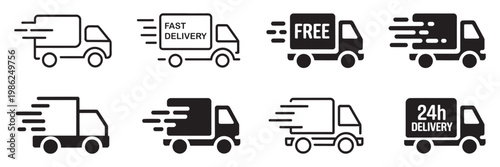 Fast delivery icon set with free shipping, express delivery, 24 hours service, fast van and truck symbol vector on white background
