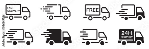 Fast delivery icon set with free shipping, express delivery, 24 hours service, fast van and truck symbol vector on white background