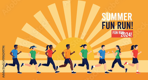 Summer Fun Run Event: Colorful Crowd of Runners Sprinting Towards A Bright Sunshine