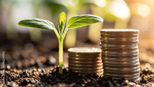 A small green plant growing between stacks of coins on soil background.