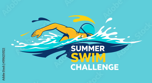 Summer Swim Challenge Concept With A Swimmer In Ocean Water Vector Illustration Design