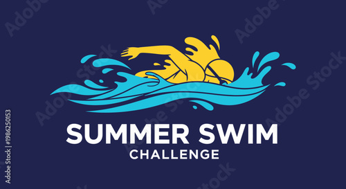 Summer Swim Challenge Logo Depicting A Swimmer In Bold Colors Against A Dark Background
