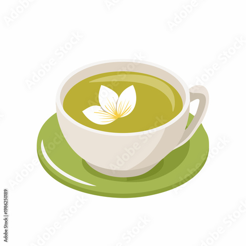 Eine ruhige Szene mit grünem Tee in einer schlichten Keramiktasse, auf deren Oberfläche ein zartes Blütenblatt sanft treibt