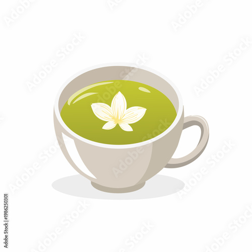 Eine ruhige Szene mit grünem Tee in einer schlichten Keramiktasse, auf deren Oberfläche ein zartes Blütenblatt sanft treibt