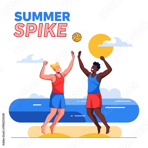 Summer Beach Volleyball Action: Dynamic Illustration of Two Players Spiking the Ball