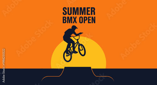 Summer BMX Open Silhouette With Cyclist Jumping During Sunset, Extreme Sports Event Poster