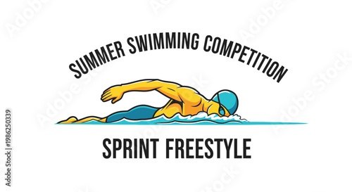 Summer Swimming Competition Sprint Freestyle Illustration of Athlete, Vector Design