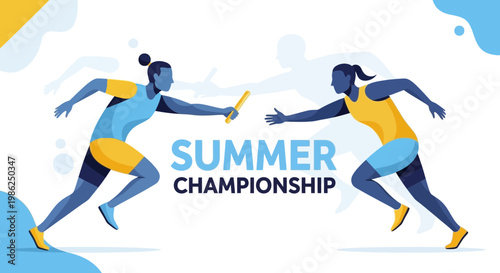 Summer Championship Athletes Competing in Relay Race Event Dynamic Action Illustration
