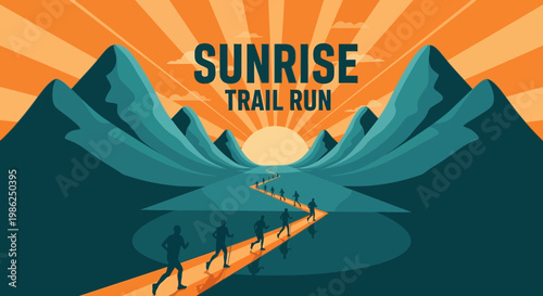 Sunrise Trail Run Illustration Depicting Runners, Mountains, and Majestic Sunrise
