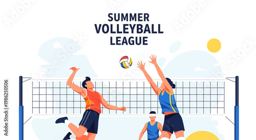 Summer Volleyball League Action Depicted, Sport Illustration Depicting Competition